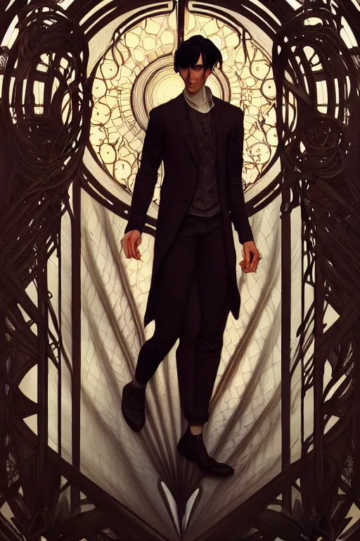 Prompt: ultra realistic, thin man in nice modern clothes, black hair, brown eyes, occult jewelry, fantasy, intricate details, eerie, highly detailed, octane render, 8 k, art by artgerm and alphonse mucha and greg rutkowski