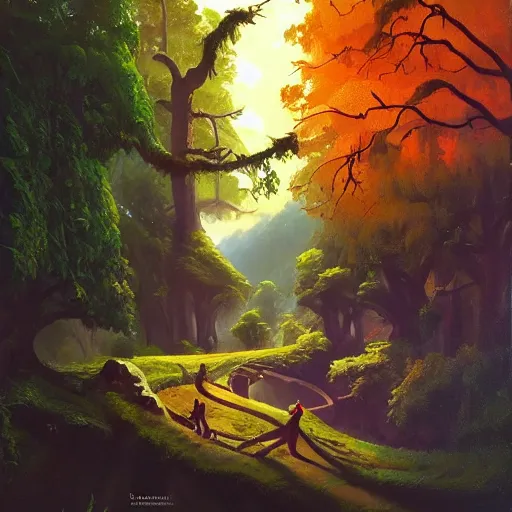 Image similar to panorama of a valley filled with a forest and a village, medieval, fantasy, oil painting, by rhads