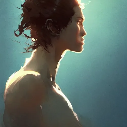 Image similar to a beautiful girl with short curly brown hair in a ponytail, a pointy chin, smiling sweetly, dramatic lighting, illustration by Greg rutkowski, yoji shinkawa, 4k, digital art, concept art, trending on artstation