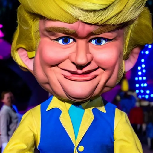 Prompt: a child puppet in the its a small world ride at disneyland that looks like donald trump, highly detailed, high definition, ultra realistic