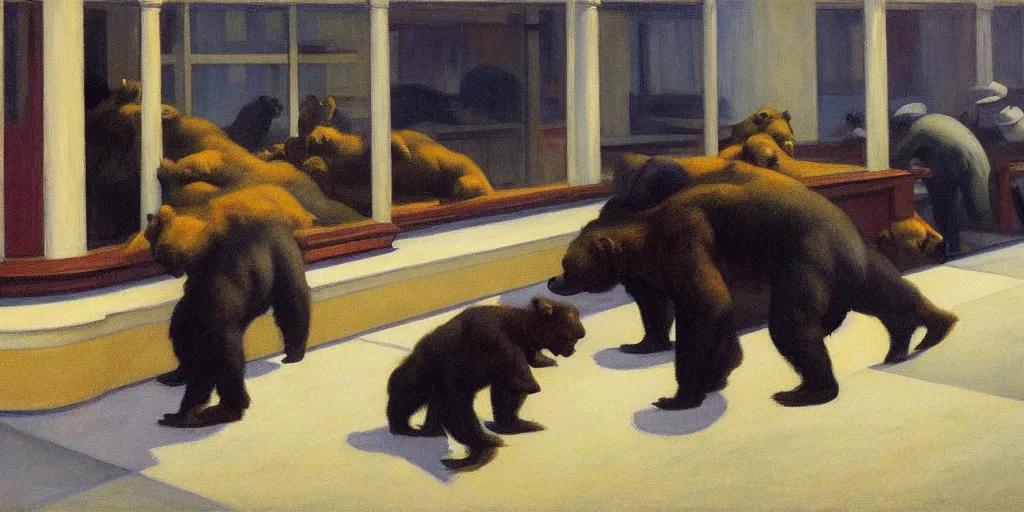 Image similar to edward hopper's painting, of a group of werebears robbing a bank, foggy