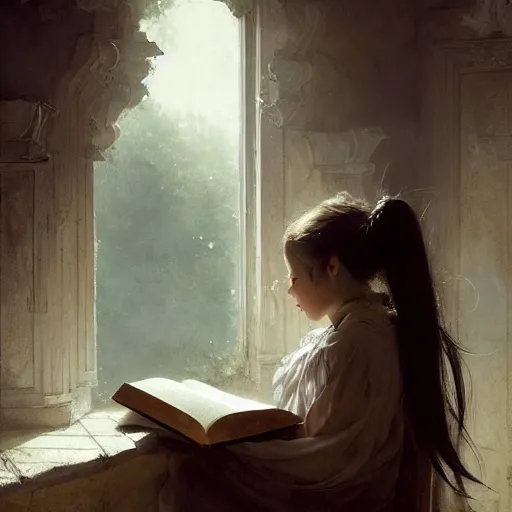 Image similar to a girl reading a book, her hair flowing down, by omar ortiz, carl spitzweg, ismail inceoglu, vdragan bibin, hans thoma, greg rutkowski, wayne forrest, krzysztof lukasiewicz, perfect face, fine details, centered, rule of thirds, photorealistic shading