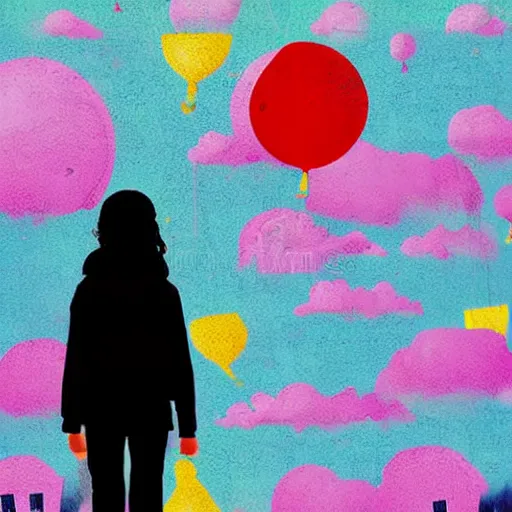 Image similar to a girl holding a balloon at a fairground. buildings with graffiti. silhouette. photograph illustration in the style of simon stalenhag