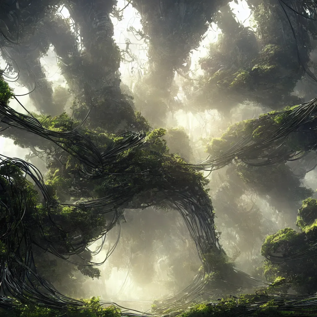 Prompt: the remnants of a broken alien supercomputer covered in thick wires in a mystical grove, futuristic ruins, god rays, warm natural lighting, beautiful atmosphere, artstation, cinematic concept art