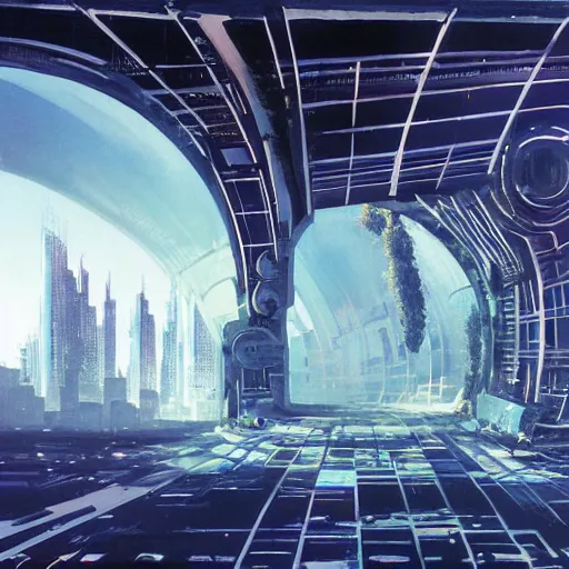 Prompt: overgrown futuristic cityscape located under a bridgeway, world seen only through a portal, daylight, cinematic perspective, cinematic lighting, blue sky, syd mead, john harris, symmetrical