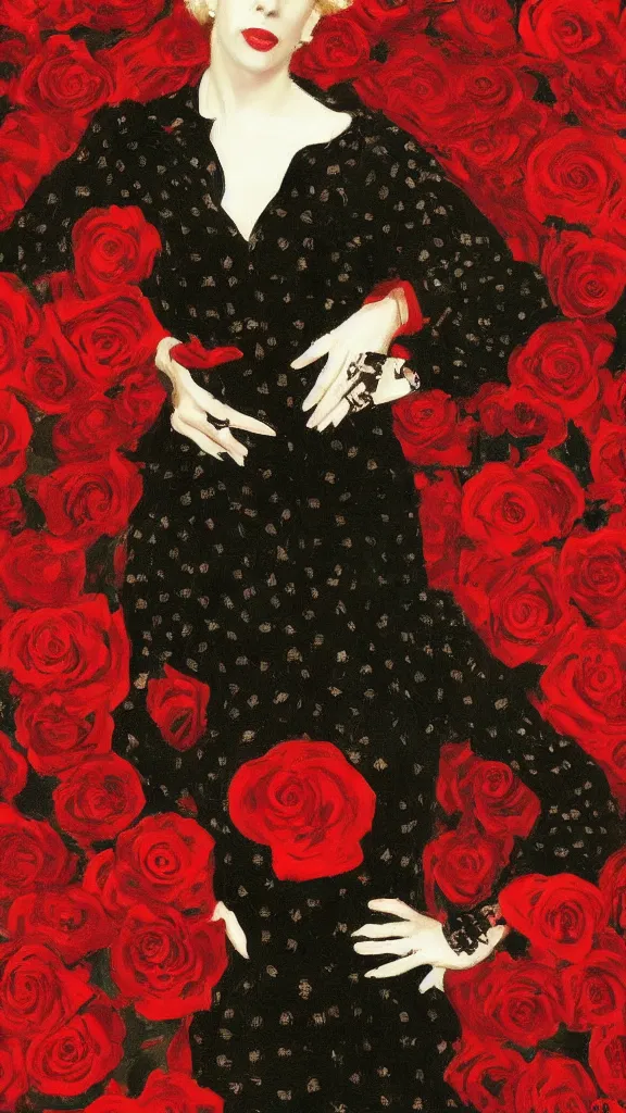Prompt: portrait of julee cruise in lynch pattern, red roses, painted by john singer sargent