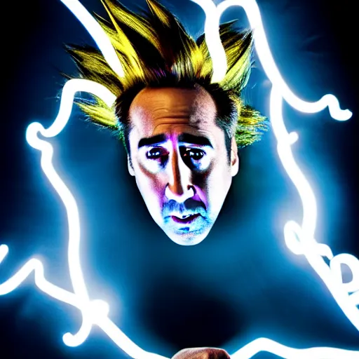 Image similar to uhd candid photo of cosmic nicholas cage impersonator as a super sayian powering up, glowing, global illumination, studio lighting, radiant light, hyperdetailed, correct face, elaborate intricate costume. photo by annie leibowitz