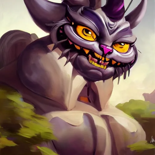 Image similar to greg manchess portrait painting of partially armored cheshire cat from alice in wonderland as overwatch character, medium shot, asymmetrical, profile picture, organic painting, sunny day, matte painting, bold shapes, hard edges, street art, trending on artstation, by huang guangjian, gil elvgren, ruan jia, randy vargas, greg rutkowski