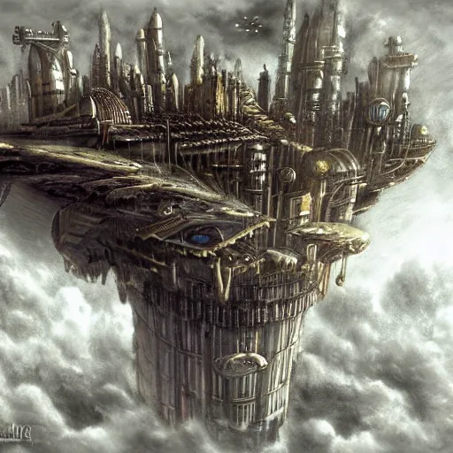 Prompt: flying city in the clouds, steampunk, romanticism artwork