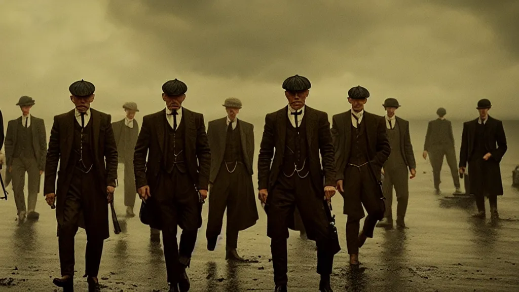 Image similar to the peaky blinders made of fish coming out of the ocean film still from the movie directed by denis villeneuve with art direction by zdzis