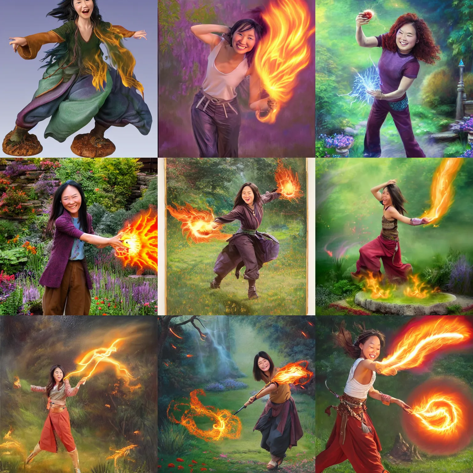 Prompt: female portrait, smiling hapa sorceresswearing trousers chasing will-o-wisps casting a fireball in a garden, award-winning fantasy oil portrait