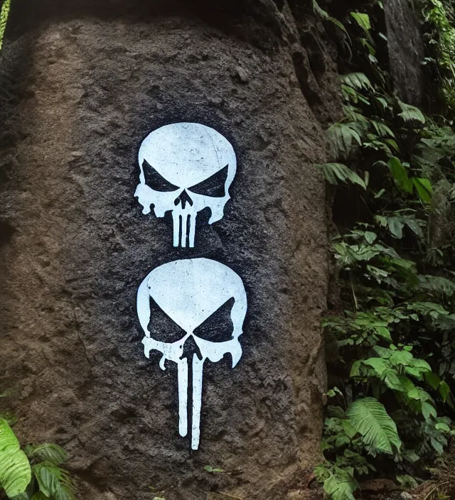 Prompt: punisher symbol carved deeply into stone edifice in the jungle with luminous smoke and light rays.