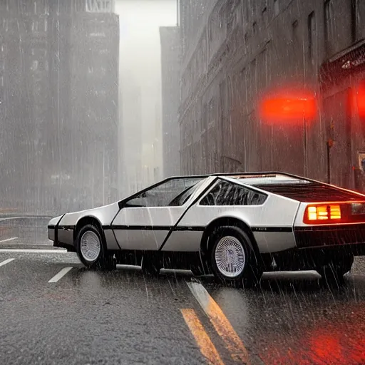 Image similar to hyperdetailed, photorealistic photograph of a dmc 1 2 delorean driving in the streets, rain, night, dense fog, hd, unreal engine 5