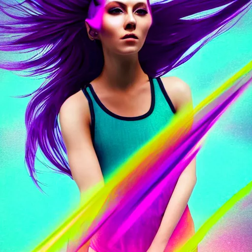 Image similar to a award winning half body portrait of a beautiful woman in a croptop with a ombre purple pink teal hairstyle with head in motion and hair flying, outrun, vaporware, vivid colors, highly detailed, fine detail, intricate