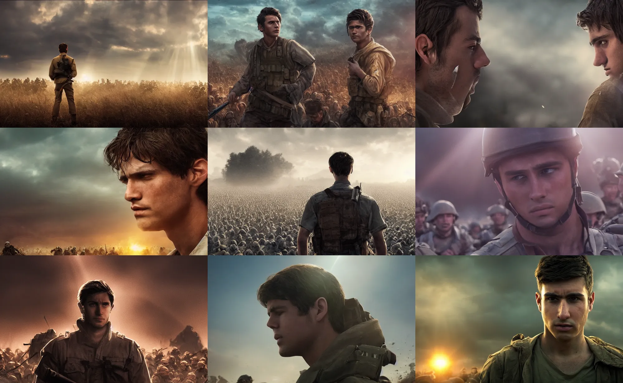 Prompt: cinematic artwork of a man in his twenties with brown hair, brown eyes and a small chin looking solemn as he realizes he is outnumbered and surrounded by an enemy army by greg rutowski, 4 k, masterpiece, sun rays