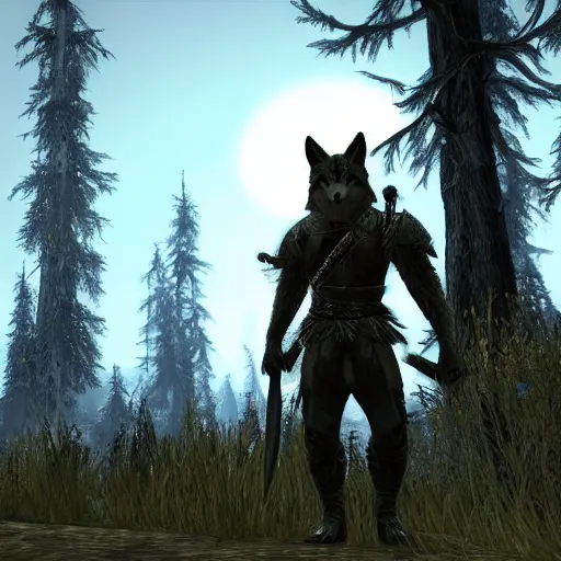 Image similar to furry anthro digital video game screenshot of an anthropomorphic wolf holding a large sword medieval guard wearing a set of armor standing in the forest in background in the The Elder Scrolls V: Skyrim