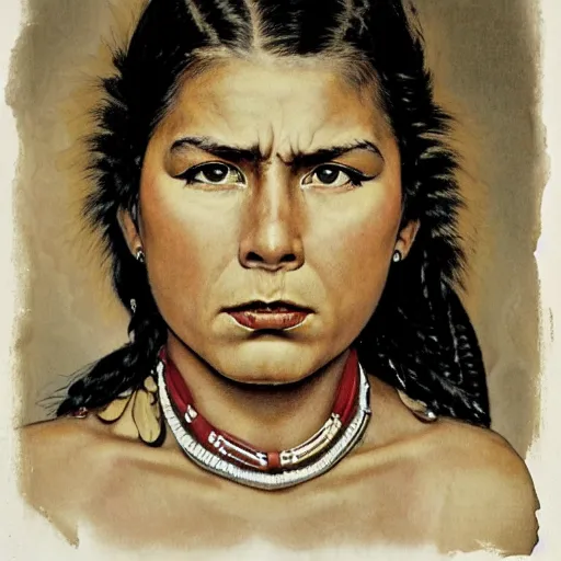 Image similar to head and shoulders portrait of young native american woman, fierce, snarling, clothed, three quarter profile, norman rockwell, ryan pancoast