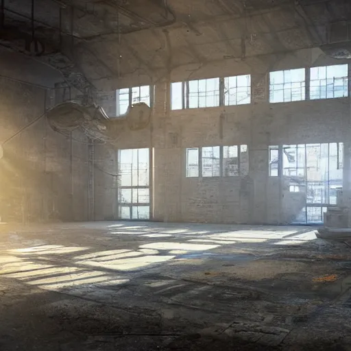 Image similar to abandoned industrial factory interior, sunlight filtering, visible dust, digital art, trending on artstation