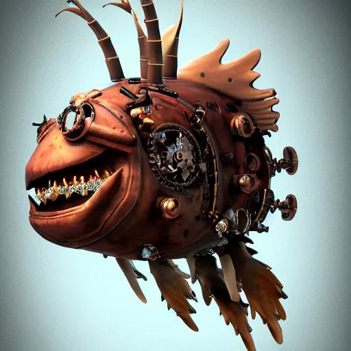 Prompt: 2d game art side view of mechanical steampunk angler fish, full body view, looking from the side, game character design, articulated joints, detailed, blank background, 8k, octane render, unreal engine