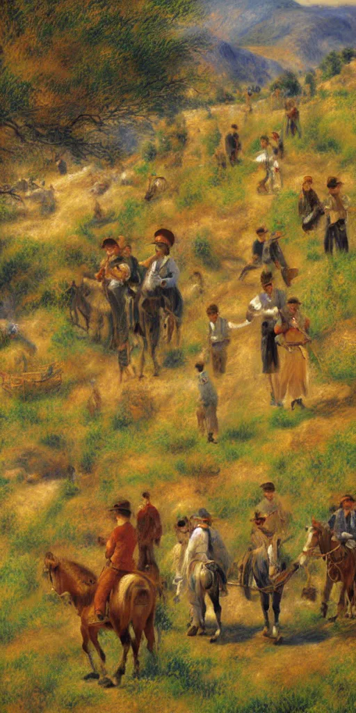 Image similar to oil painting of mormon pioneers crossing the plains, painting by renoir and yong sung kim, masterpiece, stylized