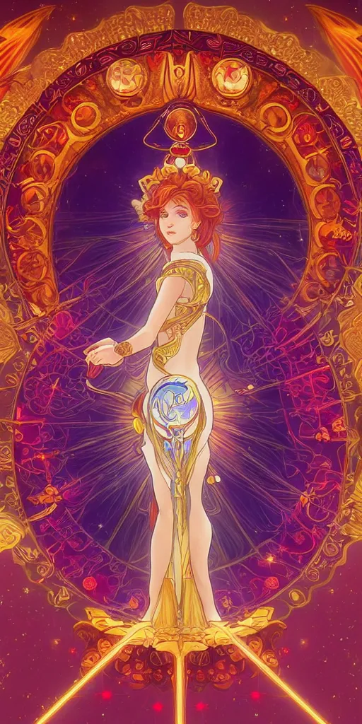 Prompt: clow card style astrologer's prayer, mythology, star guardian, unreal engine 5, art nouveau, vivid colors, intense colors, deep shadows, intricate, symmetry, high detail, elegance, sunlit, clear focus, art of alphonse maria mucha, art workstation