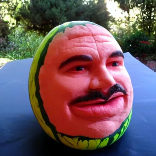 Prompt: matt berry with a watermelon carved like matt berry's face for a head