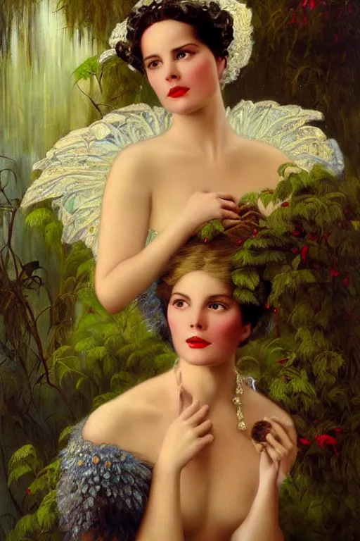 Image similar to A young and extremely beautiful Grace Kelly explaining the birds and the bees by Tom Bagshaw in the style of a modern Gaston Bussière, art nouveau, art deco, surrealism. Extremely lush detail. Melancholic night scene. Perfect composition and lighting. Profoundly surreal. High-contrast lush surrealistic photorealism. Sultry and mischievous expression on her face.