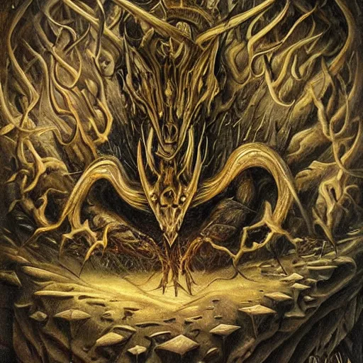 Image similar to a portrait of a dark entropy dragon, detailed, fantasy, scary, realistic, frightening, ornate, horns, spikes, incredible, masterpiece, amazing, wow!, sense of awe, award winning, greg rutowski, bosch, mc escher, dali