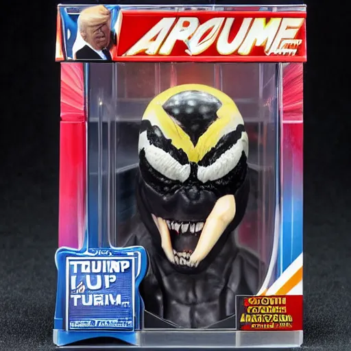 Prompt: action figure of Trump as Venom and shooting black web lines out of hair by Hasbro
