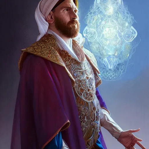 Prompt: lionel messi wearing emarati kandora, d & d, fantasy, intricate, elegant, highly detailed, digital painting, artstation, concept art, matte, sharp focus, illustration, art by artgerm and greg rutkowski and alphonse mucha