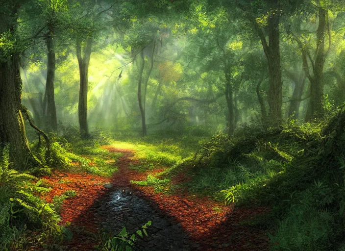 Image similar to Old oak forest trail, lush vegetation, gentle rays of sun, fallen leaves atmospheric, hyper detailed, digital art