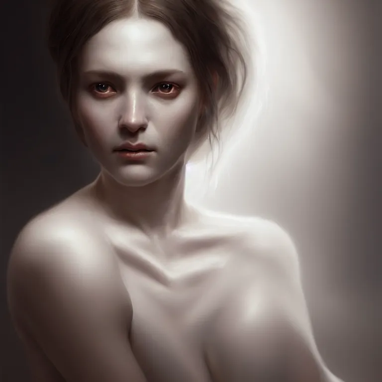 Image similar to a wonderful realistic portrait of a lonely woman with a detailed wonderful face who is dressed with a wonderful, majestic, large semi transparent white cotton dress, accent white lighting, dramatic light, octane render by roberto ferri, fantasy art, photo realistic, dynamic lighting, unreal engine rendered, artstation, poster, dramatic light, - 8 k, award winning