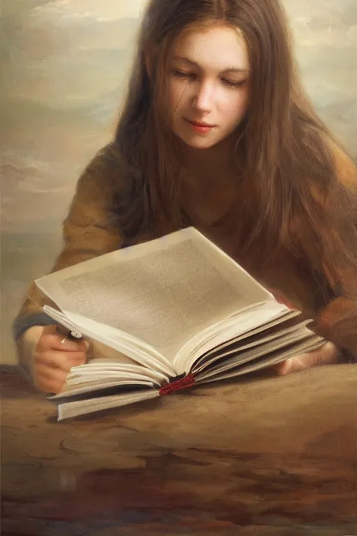 Prompt: a girl reading a book, hair flowing down, oil on canvas, intricate, 8 k highly professionally detailed, hdr, cgsociety