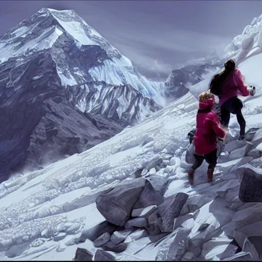 Image similar to blonde lady pushing obese indian woman in a wheelchair up mount everest, greg rutkowski