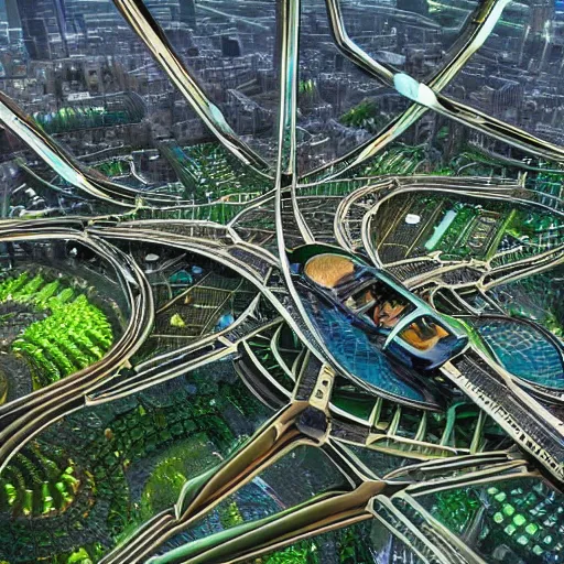 Image similar to vast detailed intricate solarpunk utopia green architecture sprawling metropolis with many crossing monorails