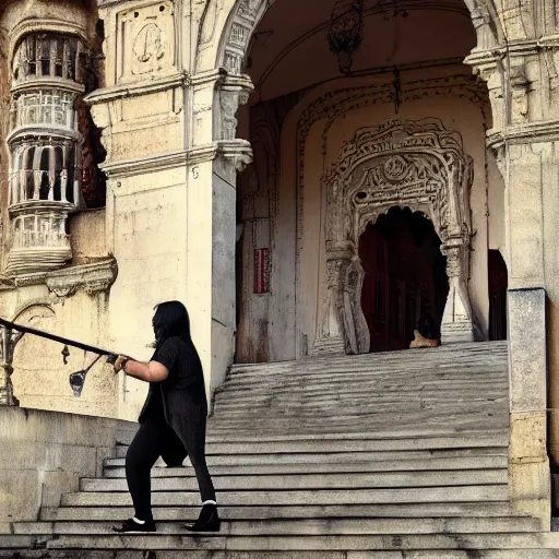 Image similar to a blonde woman with a fat Indian woman holding a rollator on steps in Porto, greg rutkowski