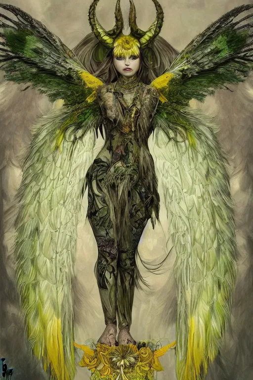 Prompt: highly detailed, intricate stunning image of harpy angel girl, feathered long hair, talons, claws, green and yellow palette, horns, bones in style of alfonson mucha, grey and white, pale, stunning atmosphere, animal and monster by h. r. giger and peter mohrbacher