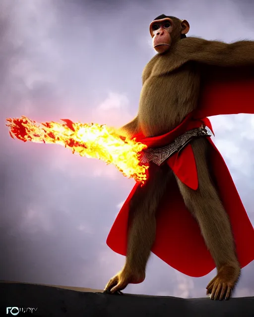 Image similar to fury art, an anthro monkey wearing a large cape and a fantasy armor, fire, fiery background, 3 d, 8 k, extremely detailed, trending on furaffinity, trending on artstation, award winning, sharp focus, illustration