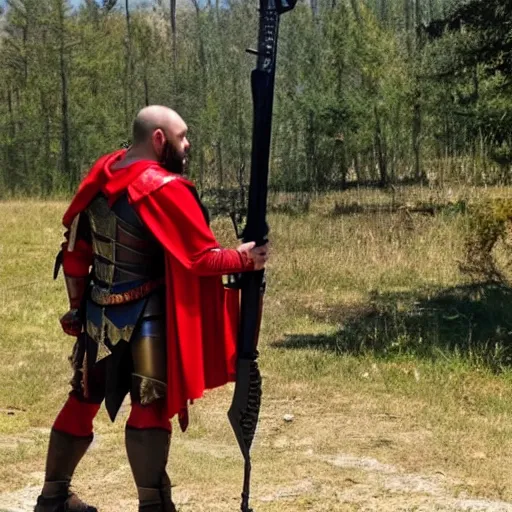 Image similar to Orc male readies his rifle, staring down the telescopic sights. His red and gold cape fluffers in the wind, and his renaissance era armor glistens in the sunshine.