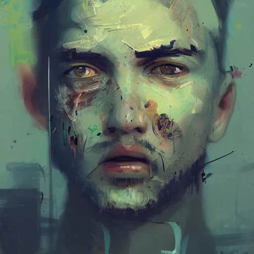 Image similar to blurry painted male face, by Ismail Inceoglu, detailed, blurred, muted colors, detailed, illustration, portrait, character, brushstrokes, 4K