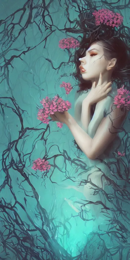 Prompt: surreal beautiful young woman, full-body, sitting with flowers, detailed gorgeous face turning into a tree, branches, leaves, dark, ominous, sad eyes, glowing hue of teal, flowing gown, vaporwave aesthetic, synthwave , digital painting, artstation, concept art, smooth, sharp focus, illustration, art by artgerm and greg rutkowski and alphonse mucha