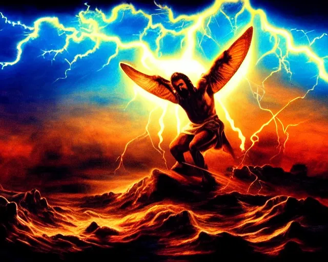 Image similar to jesus battling satan, apocalyptic, epic, blue and orange, fantastical, high contrast, fire, lightning, thunderclouds, armies, wide angle