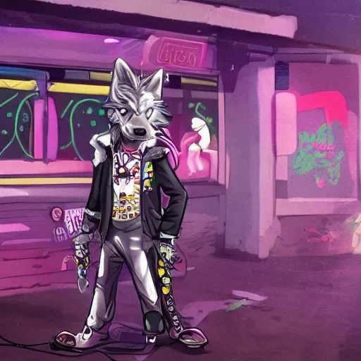 Image similar to beautiful commission digital art portrait commission of an androgynous furry anthro wolf wearing punk clothes in the streets of a cyberpunk city. neon signs. made by zaush, rick griffin, tessgarman, angiewolf, miles df, smileeeeeee, ethrk, fa, furraffinity