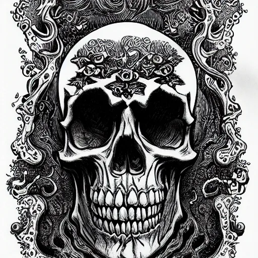 Image similar to Joe Fenton drawing of Psychedelic Skulls, medieval town, skulls, drawn by Joe Fenton, trending on artstation
