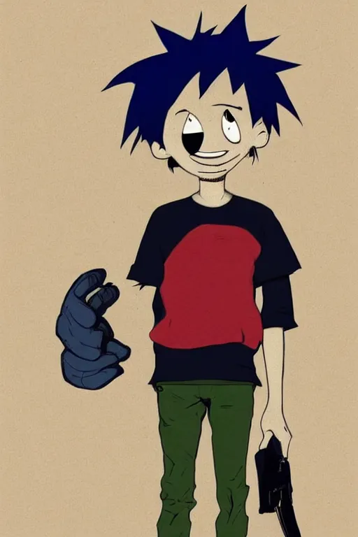 Image similar to Full body portrait of a short!, overweight!! teenage boy, medium length brown hair and fringe, eyes half closed, mouth open, not intelligent, standing in road, cartoon by Jamie Hewlett, cel shaded, gorillaz, Trending artstation, deviantart, digital art