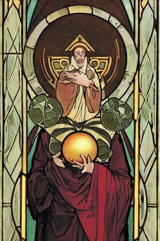 Prompt: medieval bishop holding a pokeball, mucha, art nouveau, bouguereau