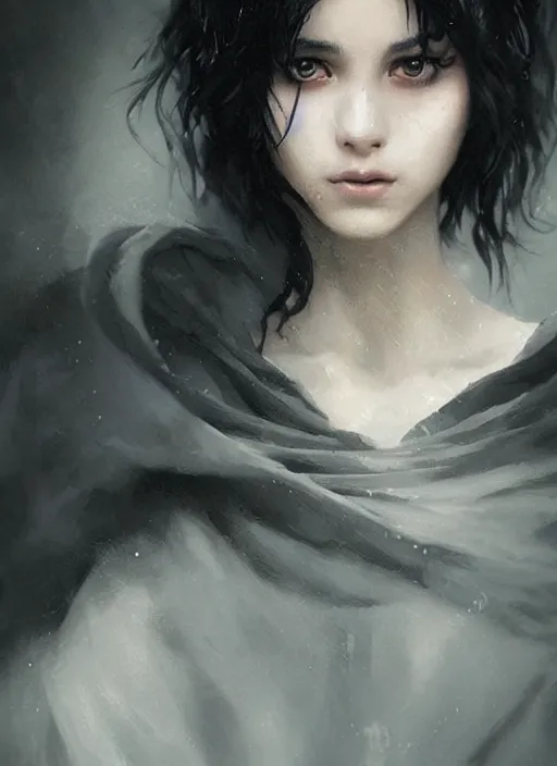 Image similar to a teenage girl with very short black hair and a huge cloak made of grey and black strips. mist swirls around her. beautiful highly detailed face. beautiful painting by artgerm and greg rutkowski and raymond swanland