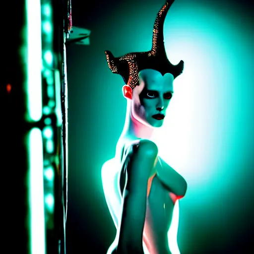 Prompt: cinematic portrait of model kristen mcmenamy as bride of frankenstein as a replicant in a busy nightclub, frightened and angry, still from the movie ex machina, fashion photography, a neon sign is in the background, 8 k, high detail, face in focus