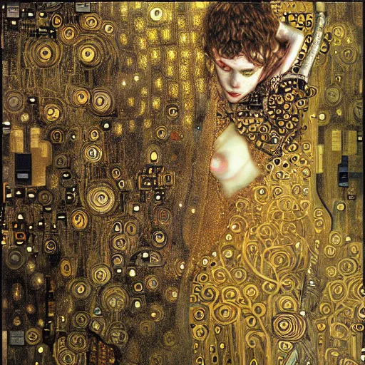 Image similar to cybernetic demon sleeping in circuitry, intricate detail, klimt, royo, whealan,