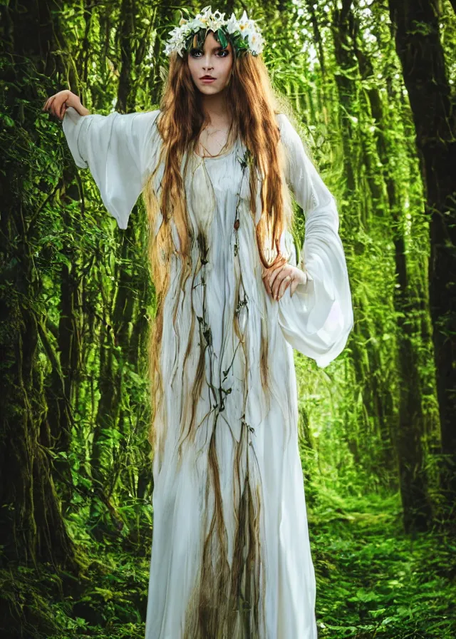 Prompt: young beautiful fey druid woman, full body portrait, long white hair, flower crown, long dark green robes, intricate, standing in a dark forest, sunbeams shining down, high fantasy, romanticism